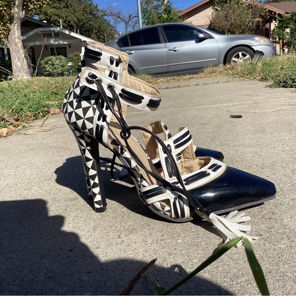 White & black geometric heels